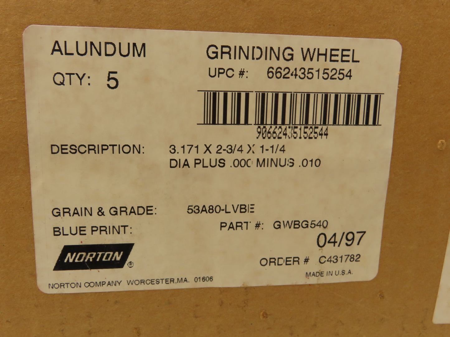 Norton GWBG540 Grinding Wheel Alundum 3.171" X 2-3/4" X 1-1/4" Lot of 10