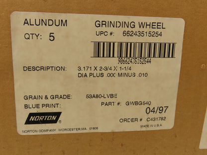 Norton GWBG540 Grinding Wheel Alundum 3.171" X 2-3/4" X 1-1/4" Lot of 10