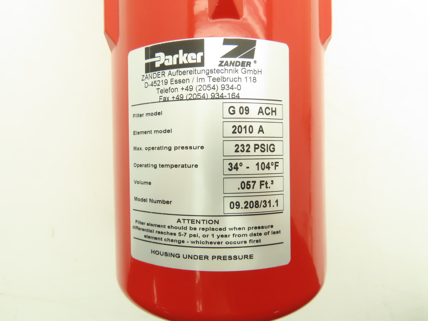 Parker Zander G9ACH 09.208/31.1 Pneumatic Air Filter 3/4" NPT 232PSI 2010A