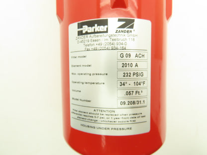 Parker Zander G9ACH 09.208/31.1 Pneumatic Air Filter 3/4" NPT 232PSI 2010A