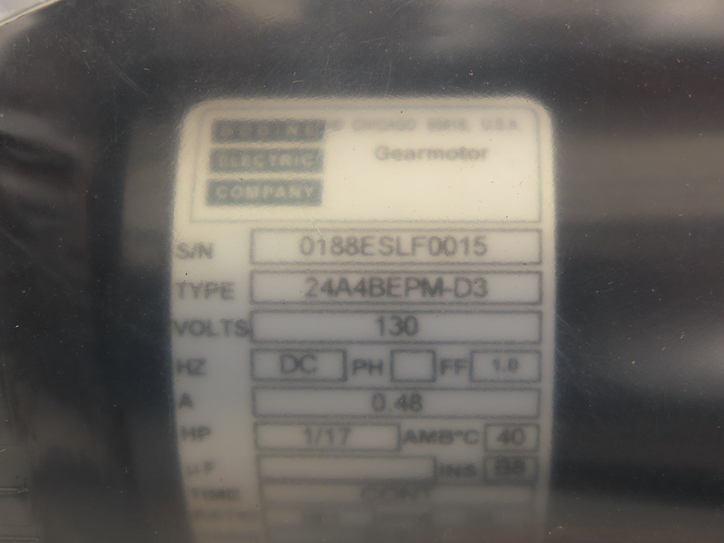 Bodine Electric 0188 ES DC Gearmotor 130VDC 18:1 Ratio 139RPM 1/17HP 139 RPM