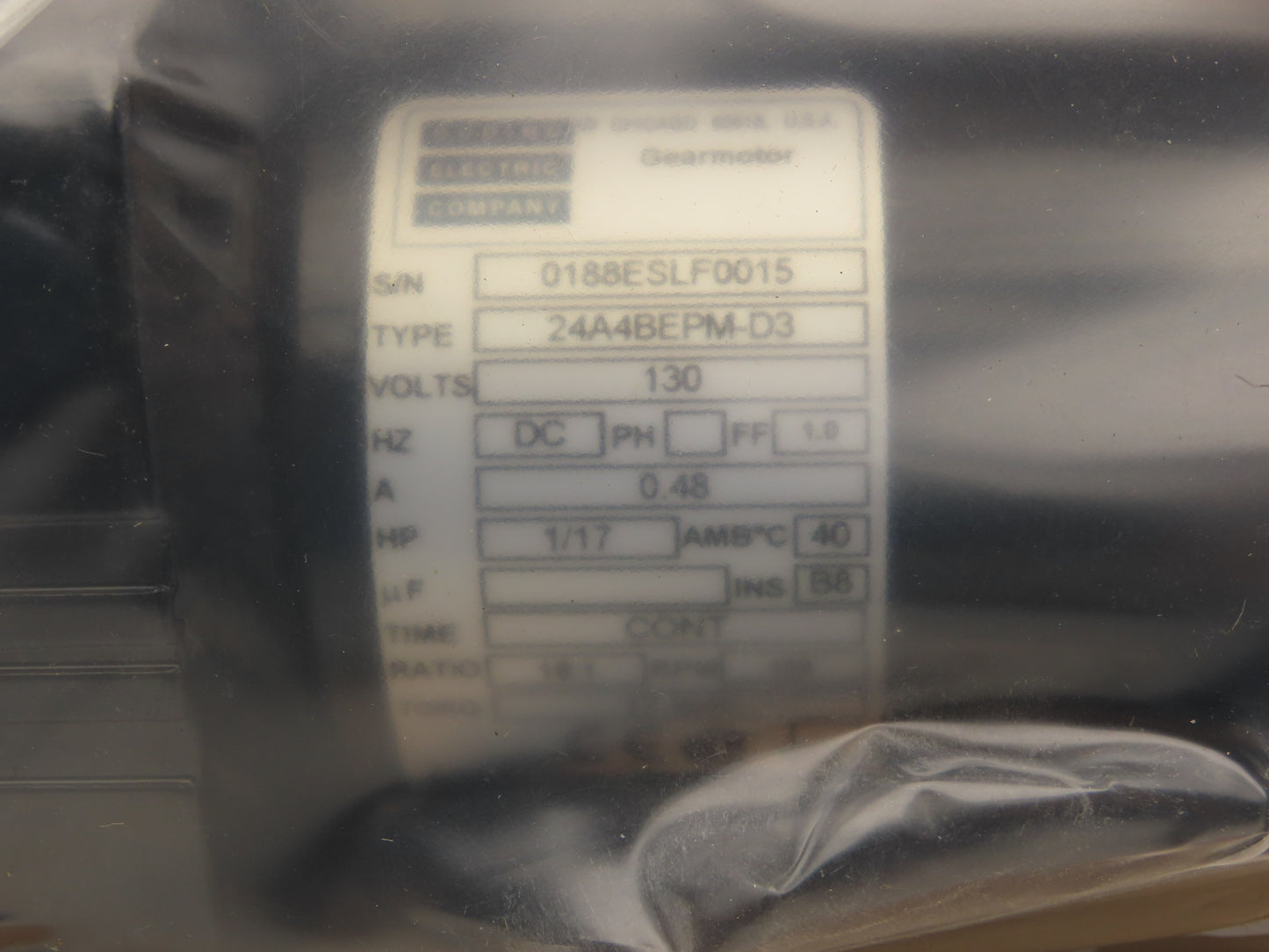 Bodine Electric 0188 ES DC Gearmotor 130VDC 18:1 Ratio 139RPM 1/17HP 139 RPM