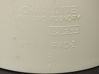 Charlotte PVC 00300 1800 8" DWV 90 Deg Elbow 1/4 Hub x Hub Schedule 40 NSF White