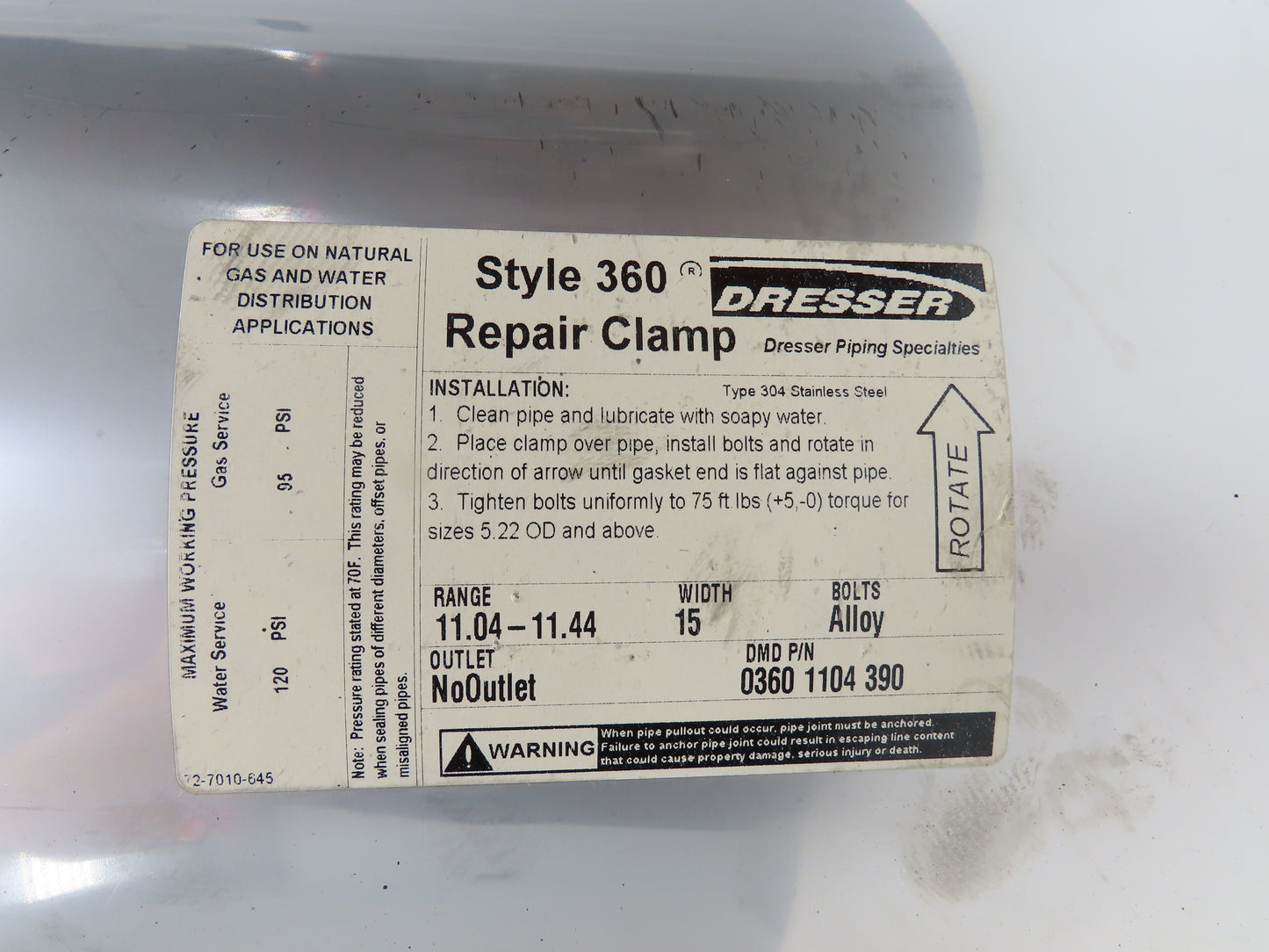 Dresser 0360-1104-390 Steel Repair Clamp Style 360 Stainless Steel 11.44" X 15"W