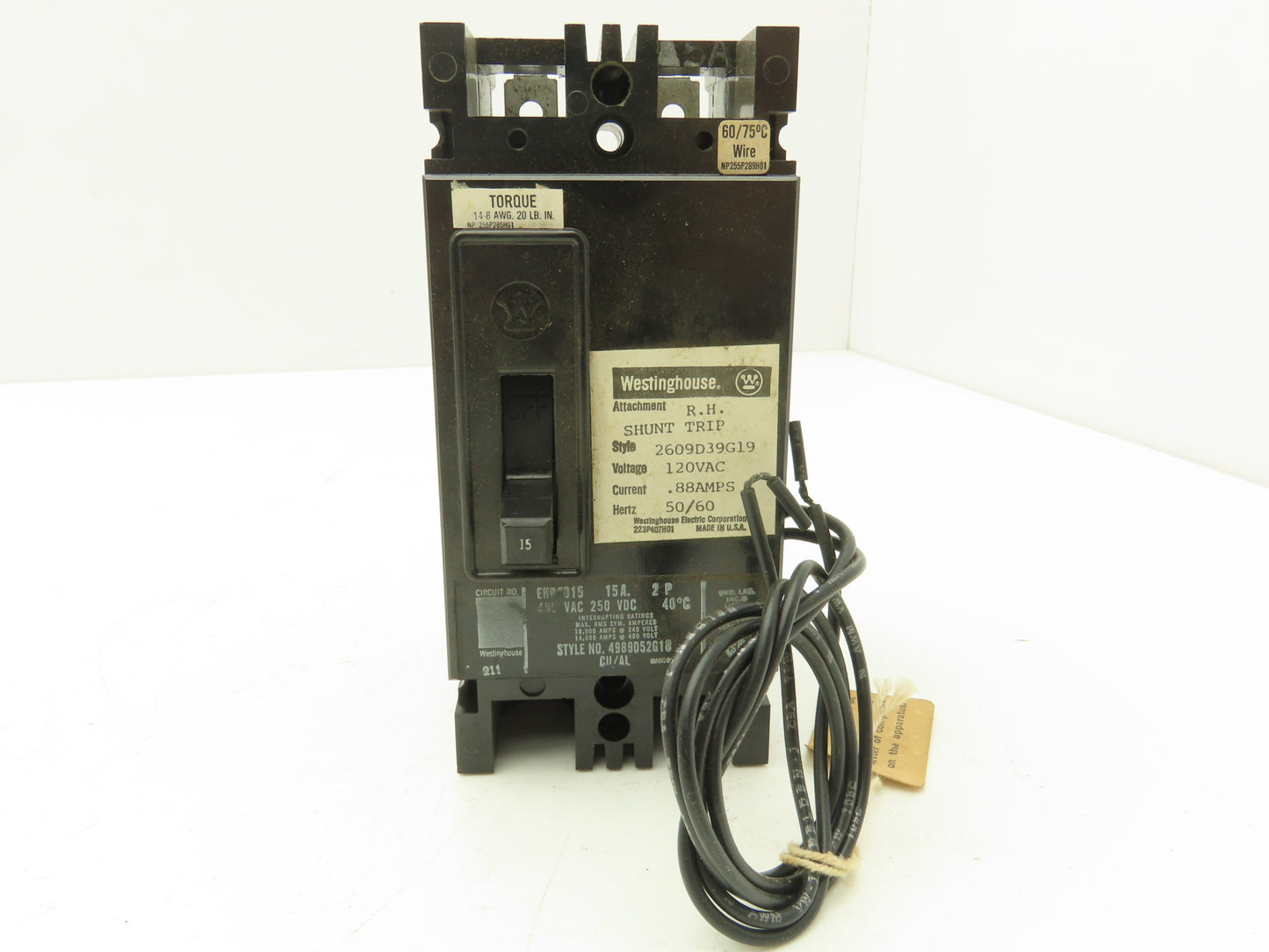 Westinghouse 2609D39G19 Circuit Breaker 15Amp 2 Pole 600VAC Shunt Trip