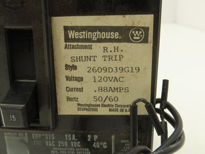 Westinghouse 2609D39G19 Circuit Breaker 15Amp 2 Pole 600VAC Shunt Trip