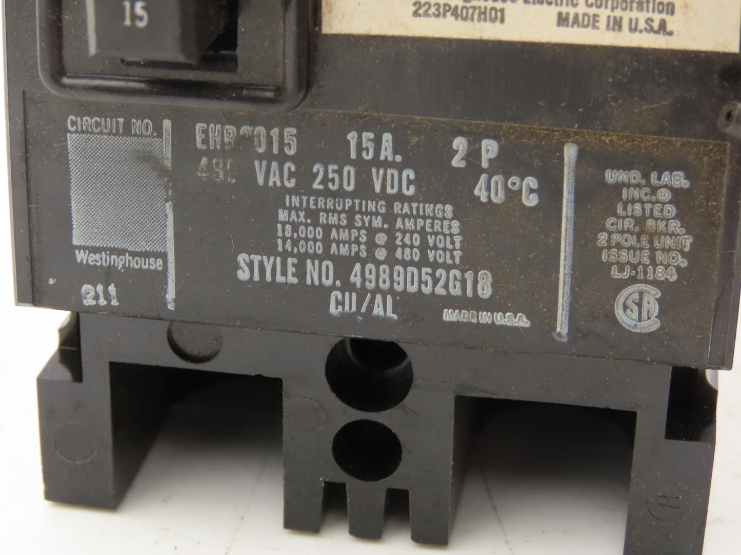 Westinghouse 2609D39G19 Circuit Breaker 15Amp 2 Pole 600VAC Shunt Trip