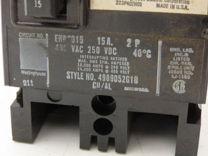 Westinghouse 2609D39G19 Circuit Breaker 15Amp 2 Pole 600VAC Shunt Trip