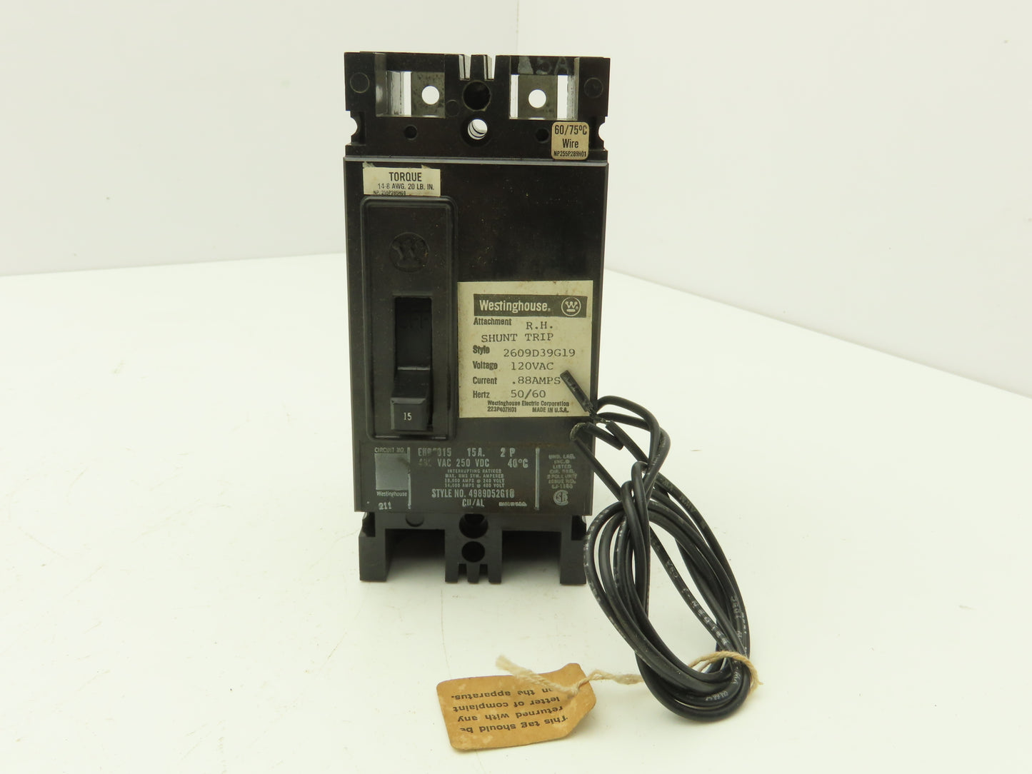 Westinghouse 2609D39G19 Circuit Breaker 15Amp 2 Pole 600VAC Shunt Trip