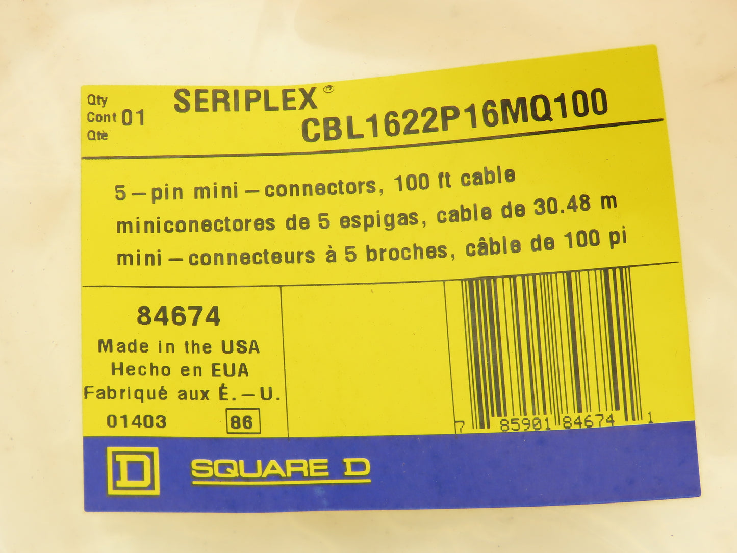 Square D CBL1622P16MQ100 Seriplex 5-Pin Mini 100 Foot Extension Cable