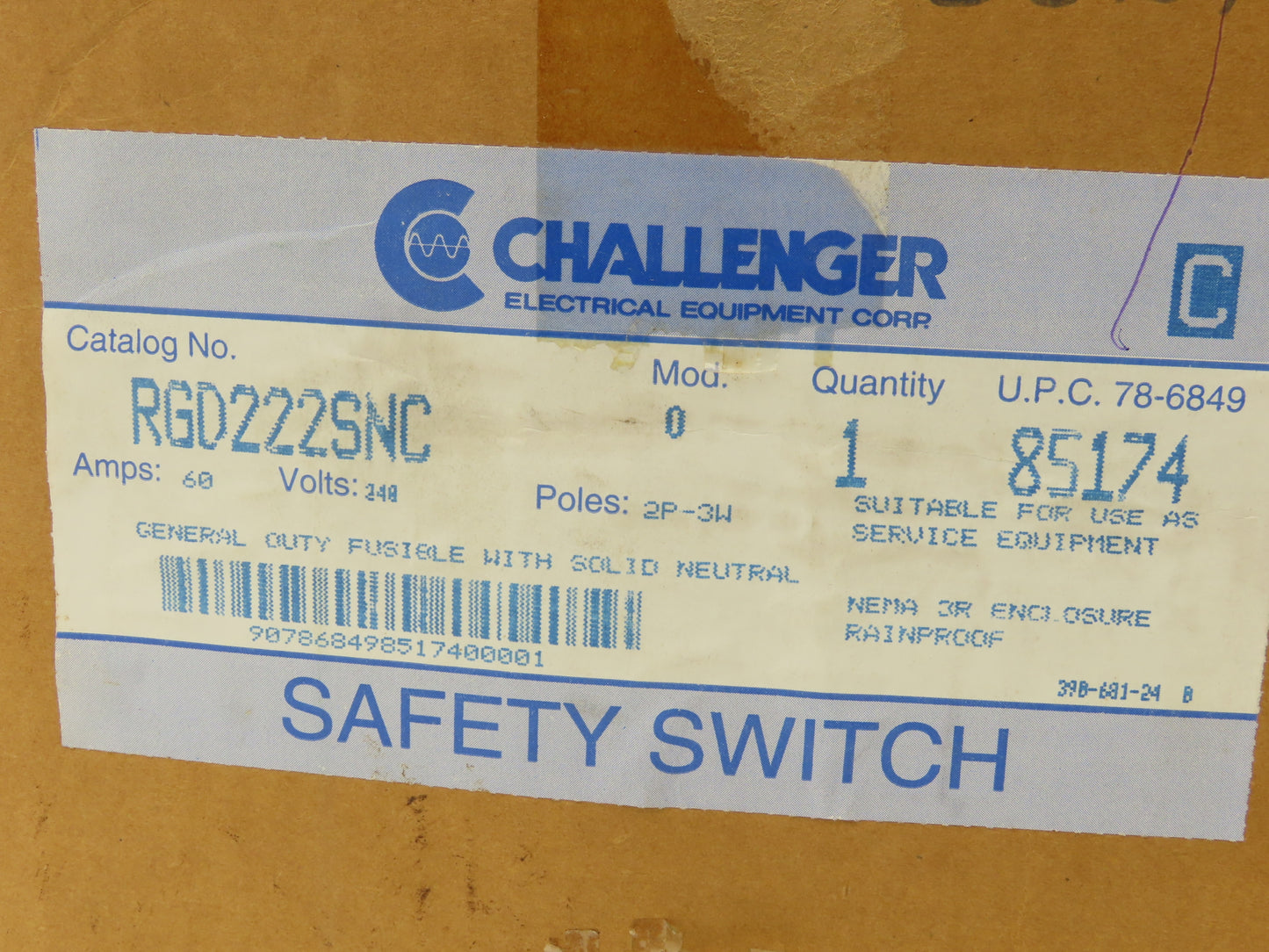 Challenger RGD222SNC Safety Disconnect Switch Fusible 60A 2 Pole-3 Wire 240V