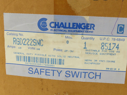 Challenger RGD222SNC Safety Disconnect Switch Fusible 60A 2 Pole-3 Wire 240V