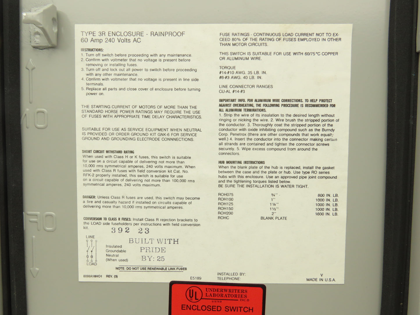 Challenger RGD222SNC Safety Disconnect Switch Fusible 60A 2 Pole-3 Wire 240V