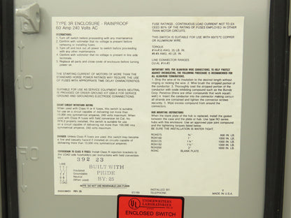 Challenger RGD222SNC Safety Disconnect Switch Fusible 60A 2 Pole-3 Wire 240V