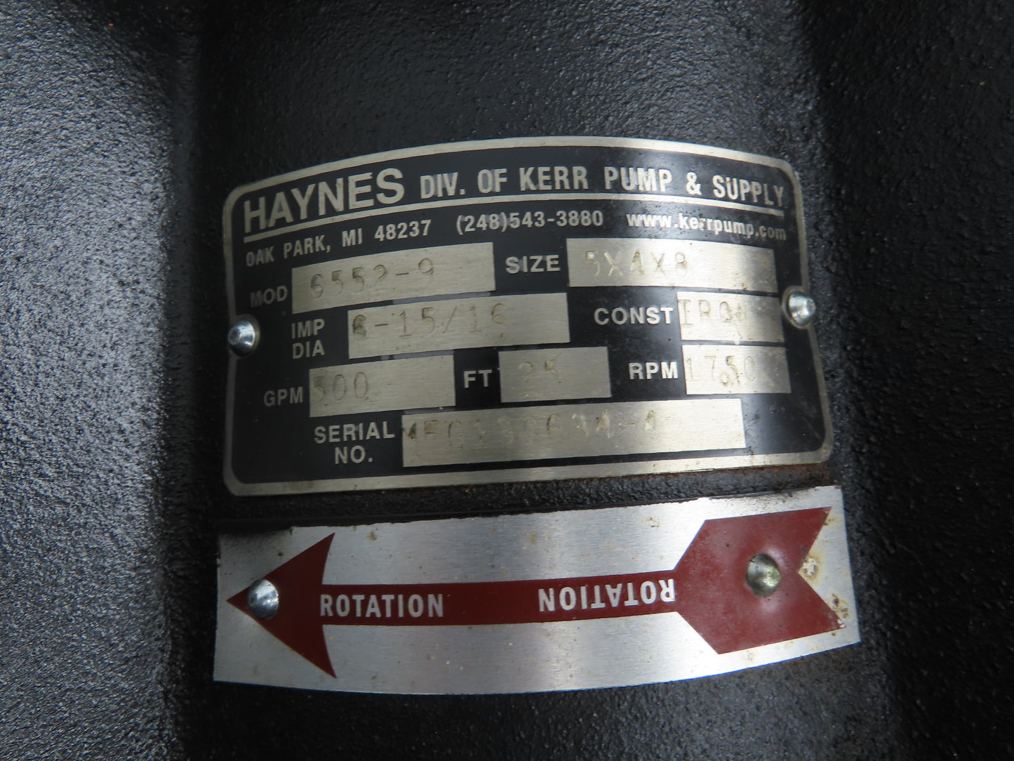 Haynes 6552-9 Vertical Centrifugal Pump 5x4" Flanged 500gpm 7.5Hp Motor 230/460V