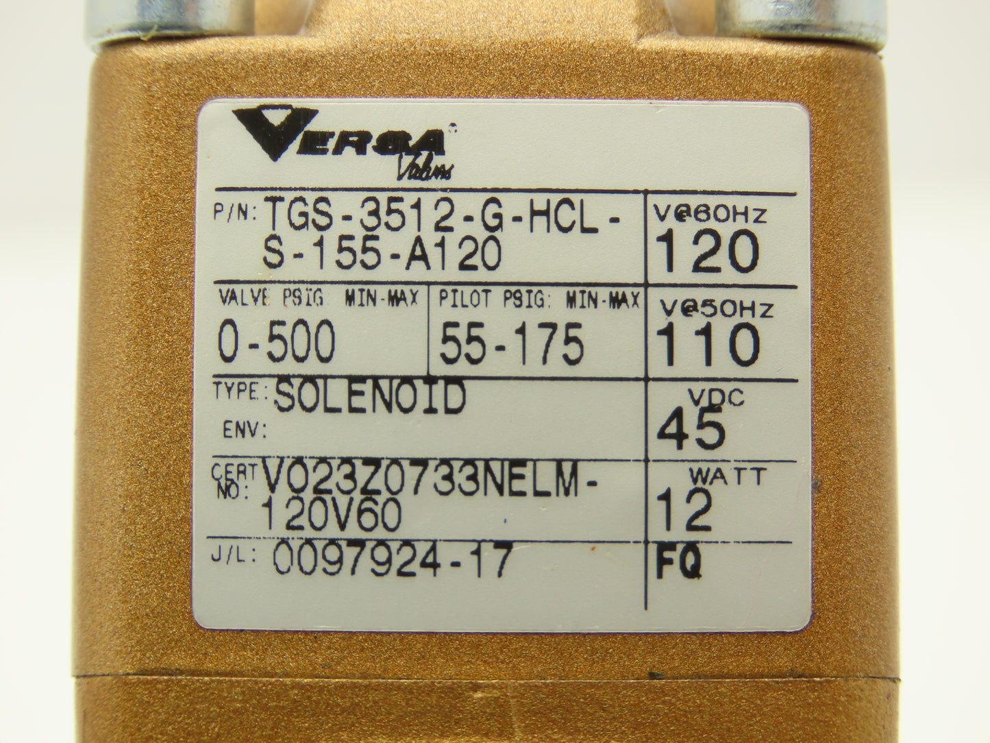 Versa TGS-3512-G-HCL-S-155-A120 Brass Directional Solenoid Valve 3-Way 120V