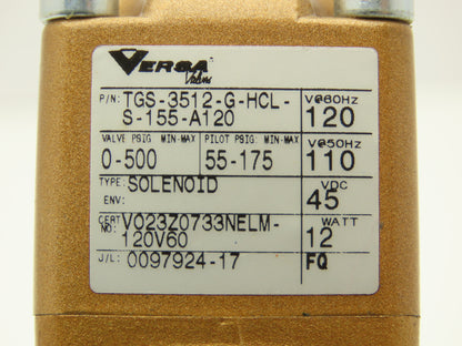 Versa TGS-3512-G-HCL-S-155-A120 Brass Directional Solenoid Valve 3-Way 120V