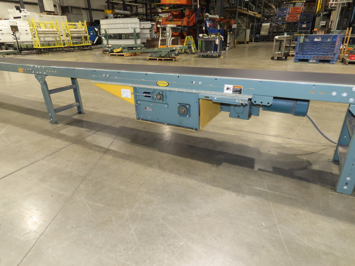 Hytrol 18"x 50' 10" Slider Bed Conveyor 15.5" Belt 2Hp 3PH Center Drive 65FPM