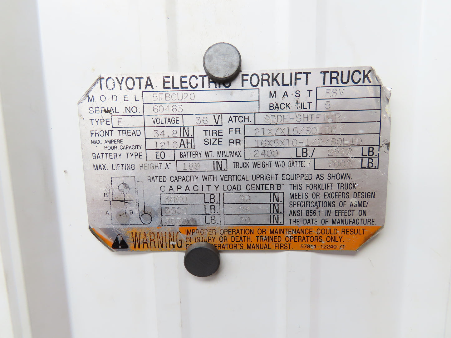 Toyota 5FBCU20 Forklift Mast 189" 3-Stage Tilt Class 2 3860lbs Capacity