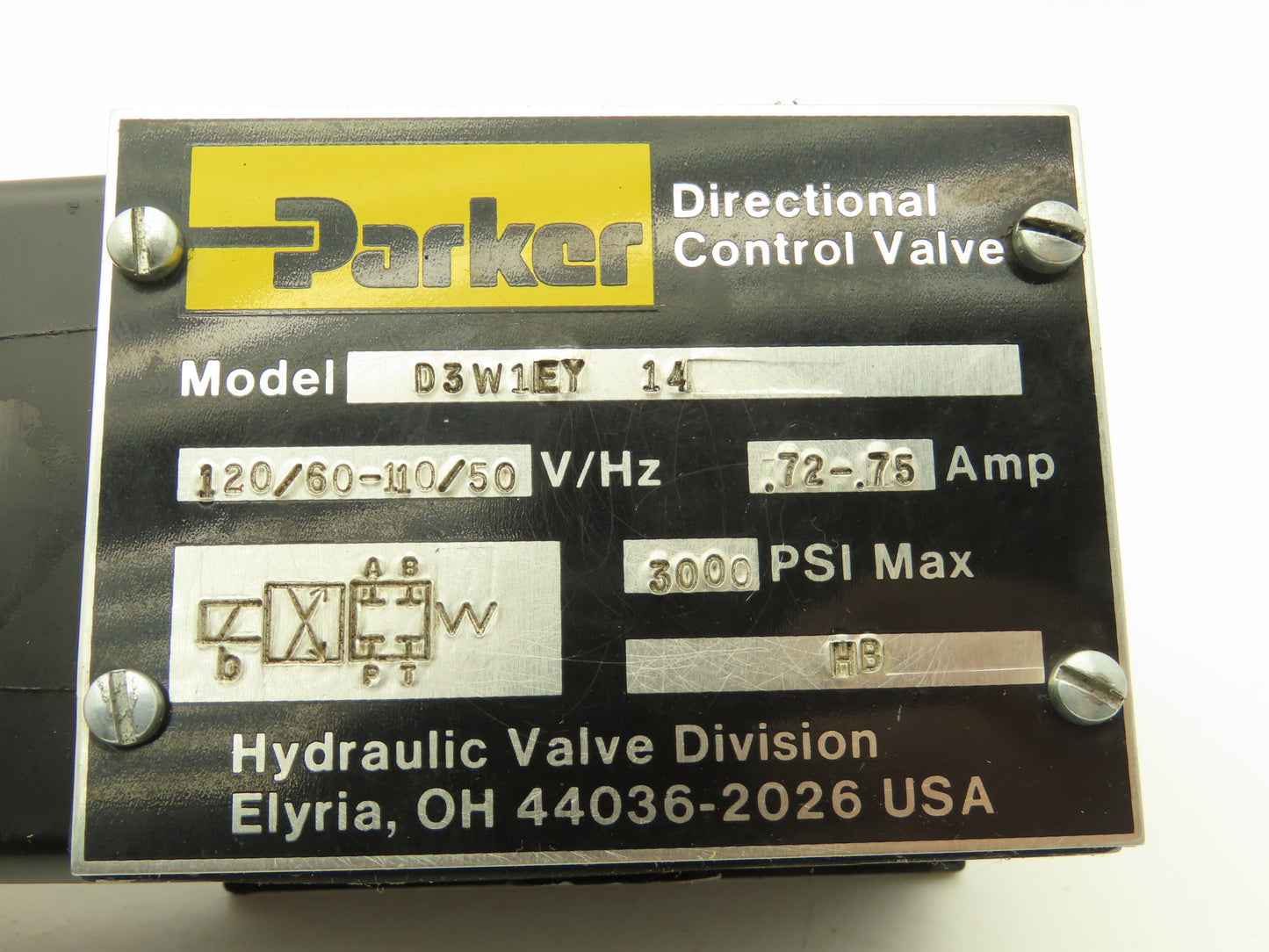 Parker D3W1EY-14 Hydraulic Directional Control Valve 110/120V 50/60Hz 3000 PSI
