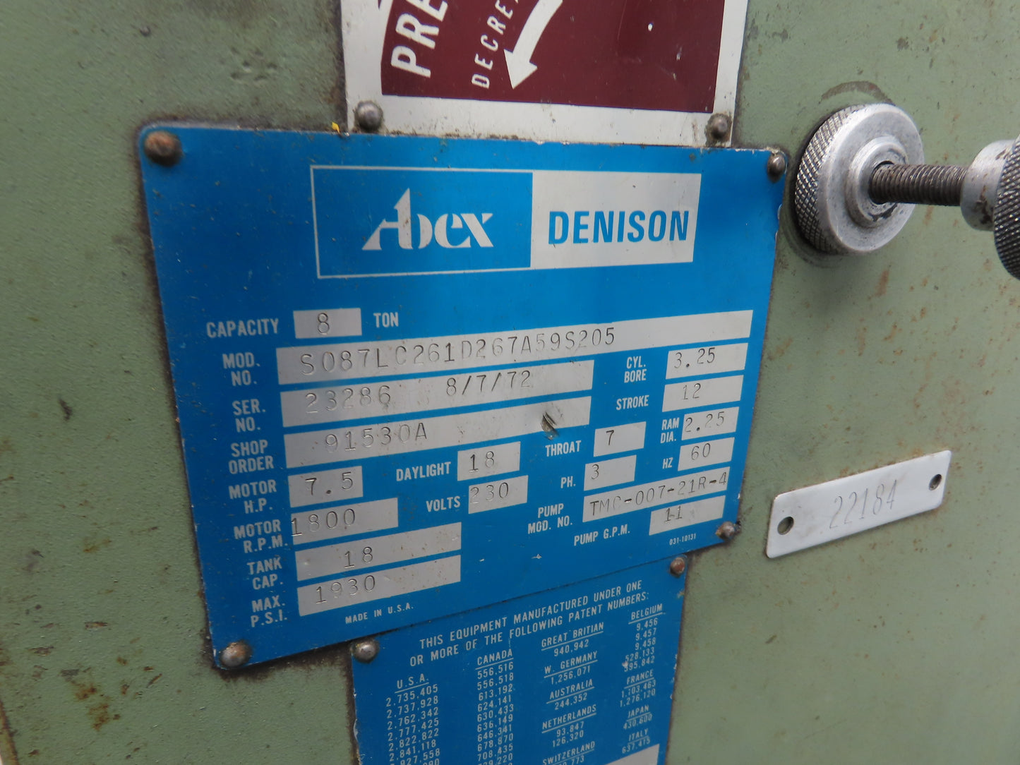 Denison Multipress Electric Over Hydraulic Press 8 Ton 12" Stroke 230V