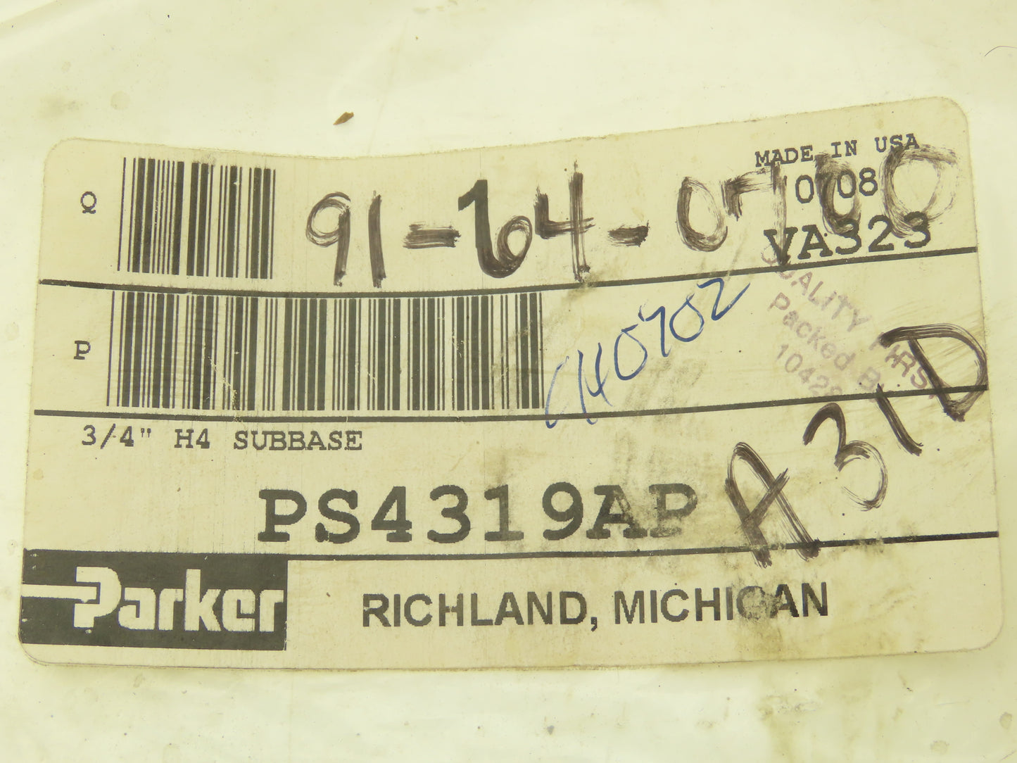 Parker PS4319AP Single Valve Subbase Aluminum Manifold 3/4"NPT ISO Size H4