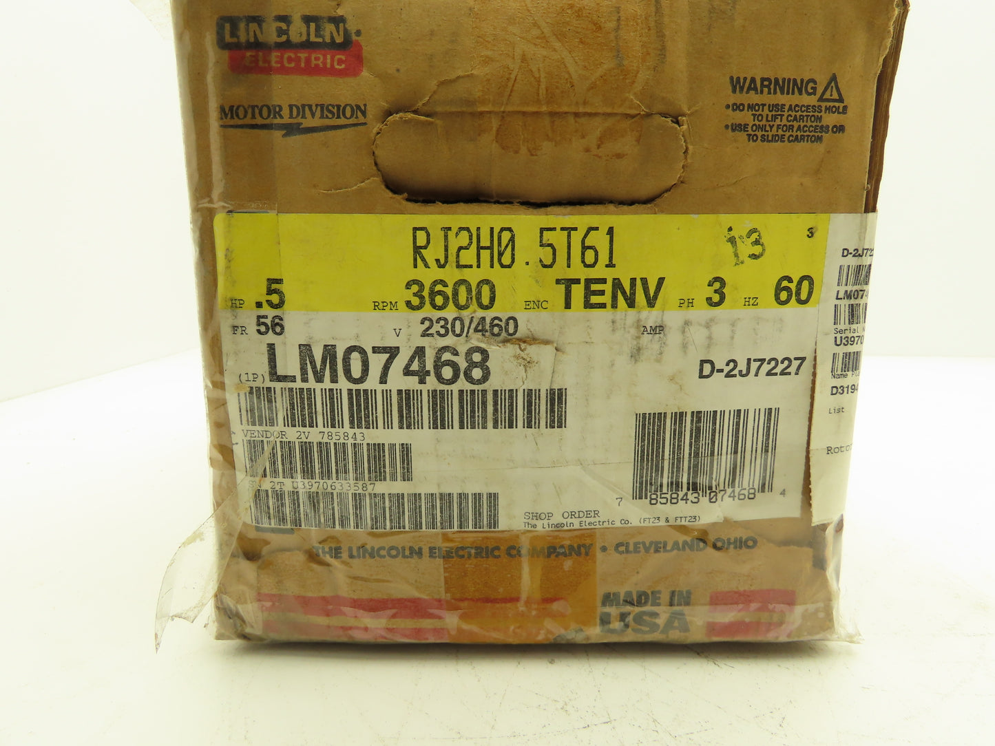 Lincoln Electric D-2J7227 AC Motor 1/2Hp 3525 RPM 230/460VAC 3Ph 56 Frame TE