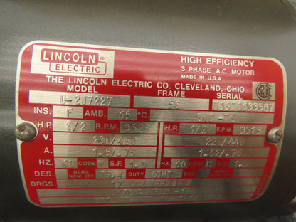 Lincoln Electric D-2J7227 AC Motor 1/2Hp 3525 RPM 230/460VAC 3Ph 56 Frame TE