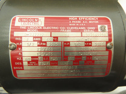 Lincoln Electric D-2J7227 AC Motor 1/2Hp 3525 RPM 230/460VAC 3Ph 56 Frame TE