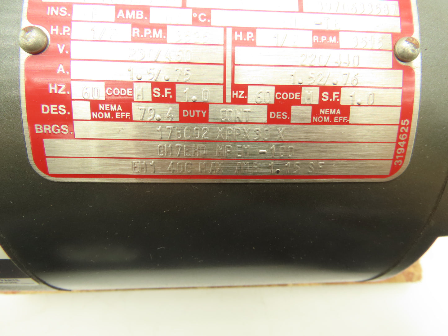 Lincoln Electric D-2J7227 AC Motor 1/2Hp 3525 RPM 230/460VAC 3Ph 56 Frame TE