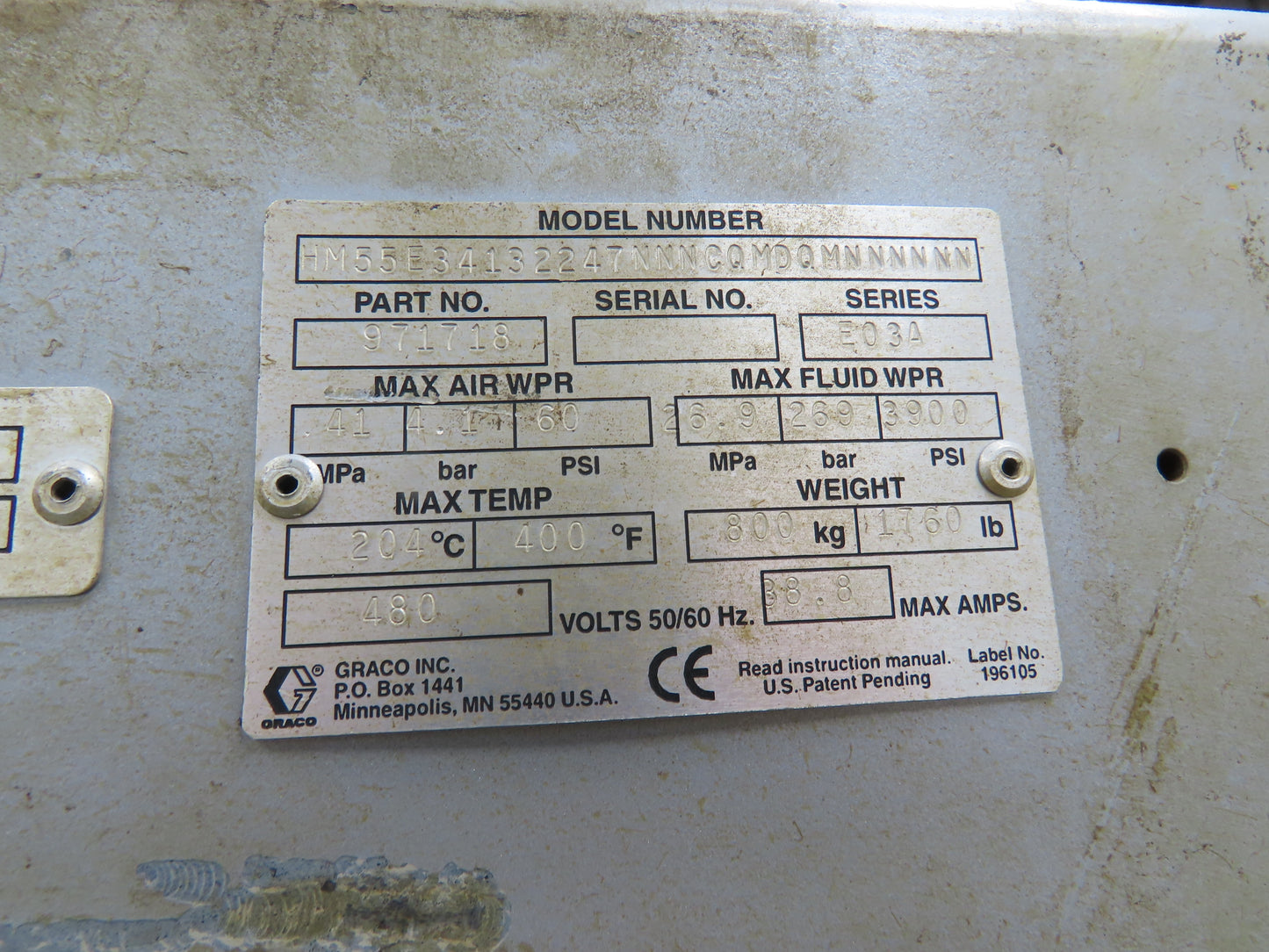 Graco 243895 Thermo-o-flow Hot Melt Drum Unloader 55 Gallon 480V