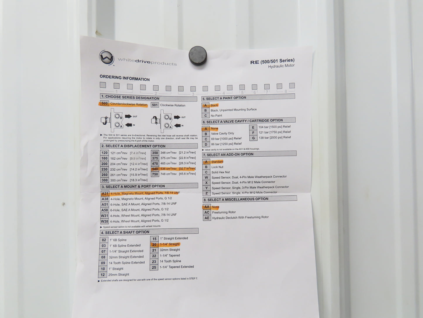 White Roller Stator 500540A3120 Hydraulic Motor 1-1/4" Shaft 4 Hole 7/8"-14UNF