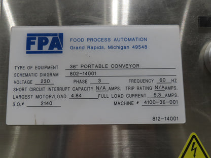 FDA Food Process 11'L Stainless Portable Incline Conveyor 38"Belt 1.5Hp 230V 3PH