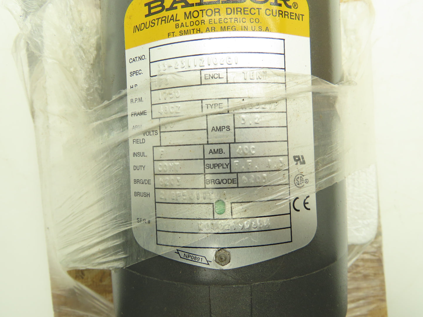 Baldor Electric 33-2311Z102G1 DC Motor 90VDC 1/3Hp 1750rpm 3.2A TENV 48CZ TENV