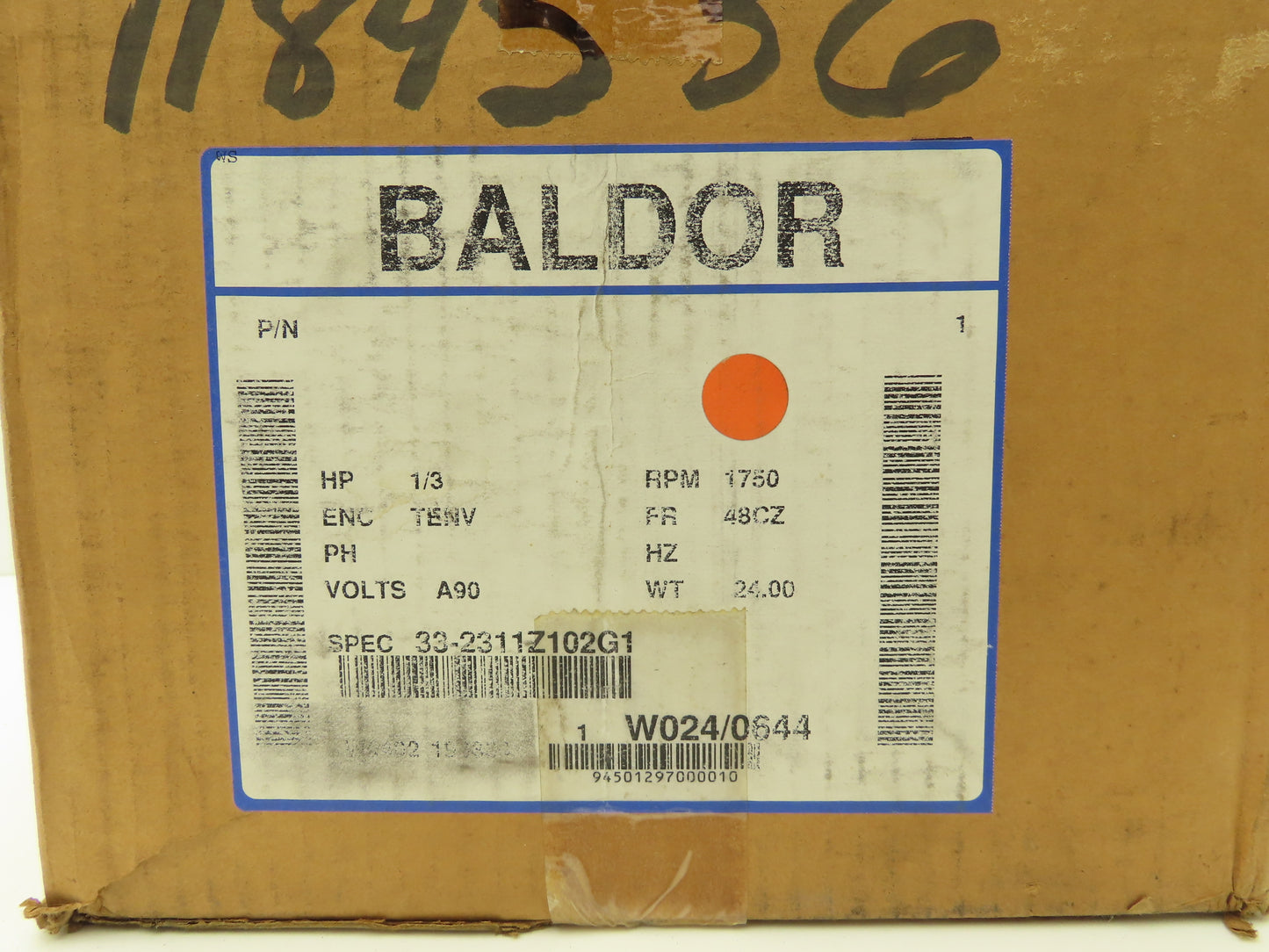 Baldor Electric 33-2311Z102G1 DC Motor 90VDC 1/3Hp 1750rpm 3.2A TENV 48CZ TENV