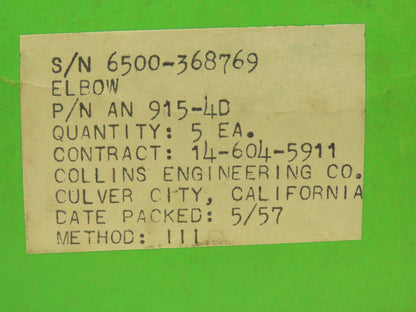 Collins Engineering AN915-4D Elbow 45 Deg Aluminum 1/2"NPT Female/Male Lot of 20