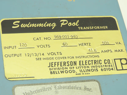 Jefferson Electric 969-001-940 Swimming Pool Light Transformer 120V 1PH to 12VAC