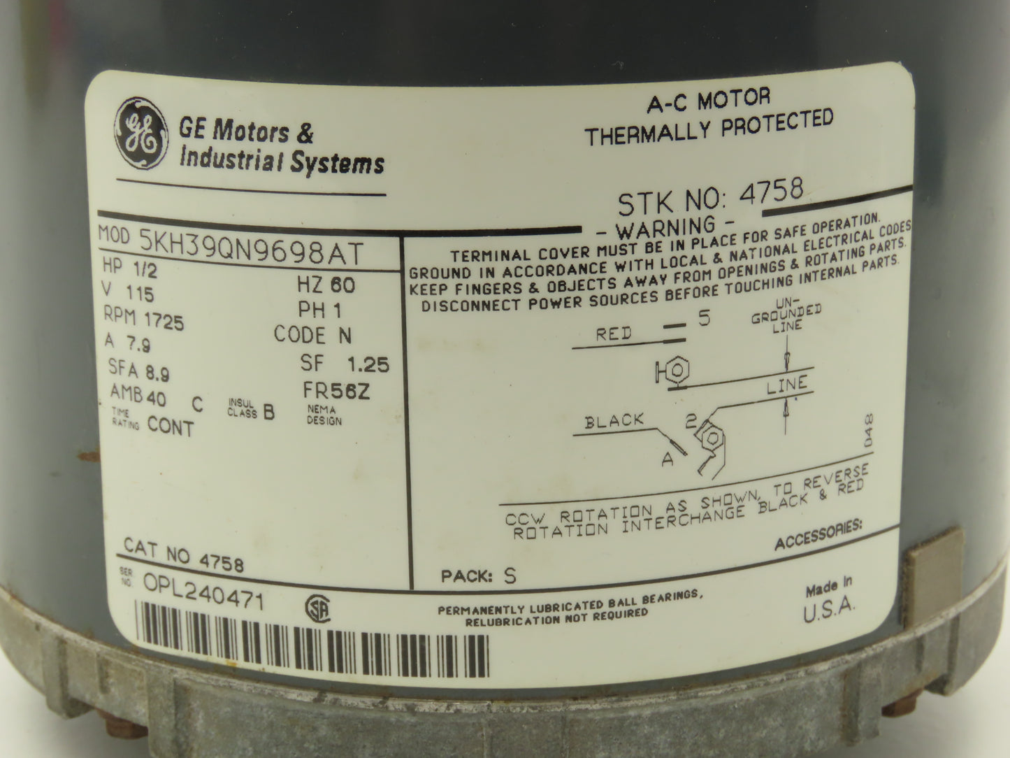 General Electric 5KH39QN9698AT  AC Motor 1/2 Hp 1725 RPM 115V 1Ph Shaft 1/2"