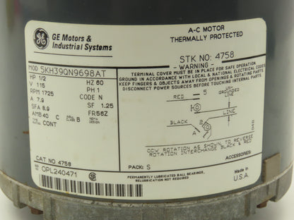General Electric 5KH39QN9698AT  AC Motor 1/2 Hp 1725 RPM 115V 1Ph Shaft 1/2"