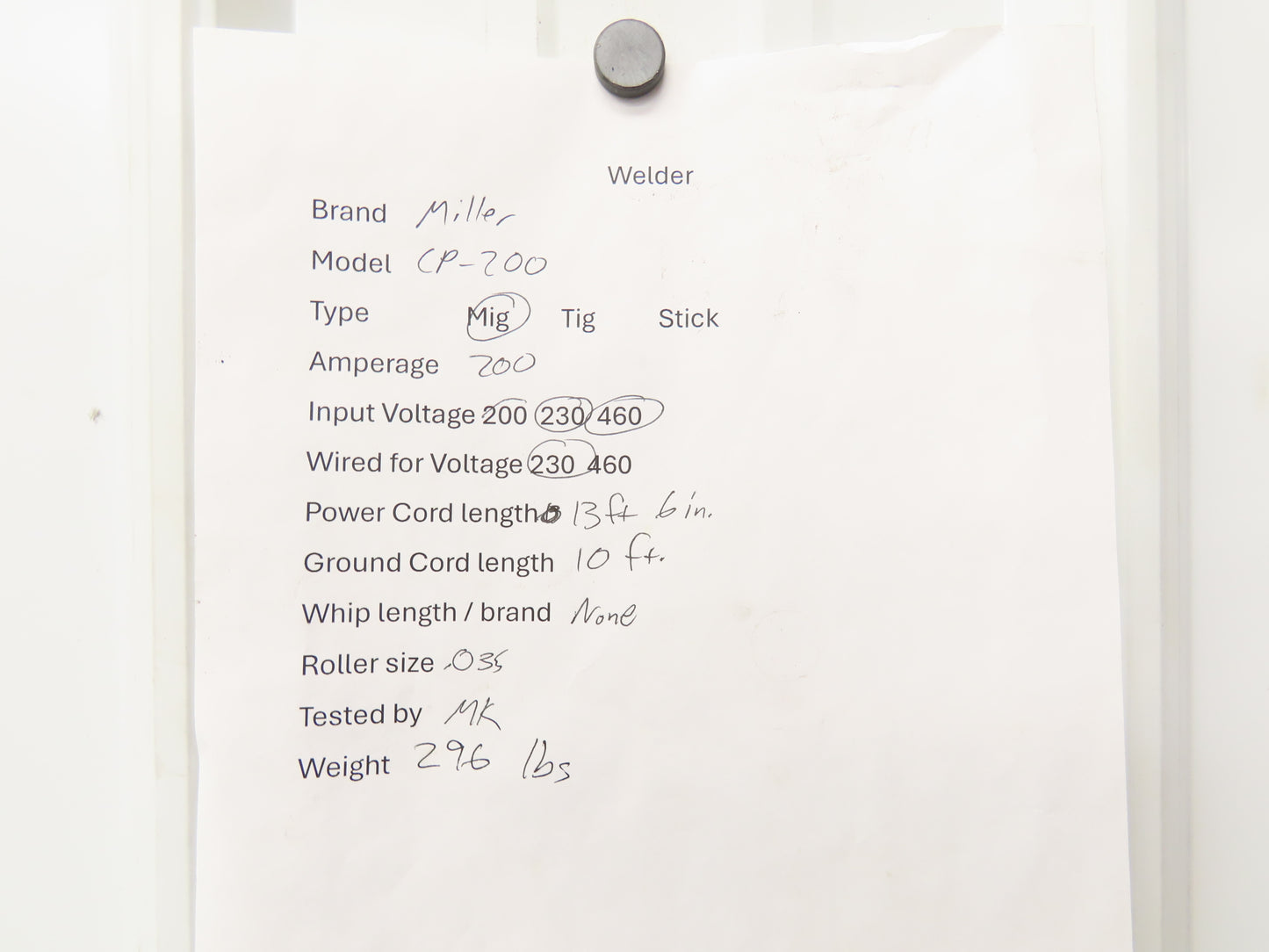 Miller CP-200 Mig Welder 200 amp DC Arc S-52E Wire Feeder 230/460VAC 3PH