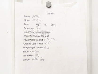 Miller CP-200 Mig Welder 200 amp DC Arc S-52E Wire Feeder 230/460VAC 3PH