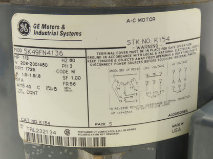 GE 5K49FN4136 AC Motor 1/3Hp 1725 RPM 208-230/460V 3PH 60Hz 5/8" Shaft