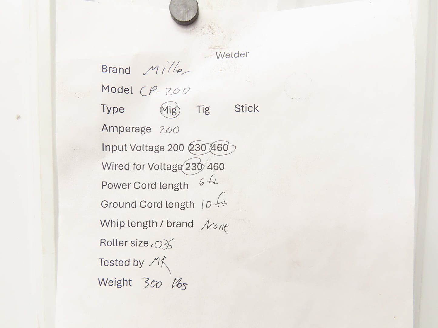 Miller CP-200 Mig Welder 200 amp DC Arc 10E Wire Feeder 230/460VAC 3PH