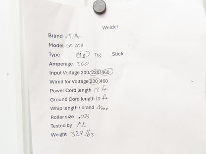 Miller CP-200 Mig Welder 200 amp DC Arc S-62 Wire Feeder 230/460VAC 3PH