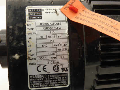 Bodine 42R3BFSI-E4 Gearmotor 300:1 Ratio 1/12Hp 5.7 RPM 115V 60Hz Parallel Shaft