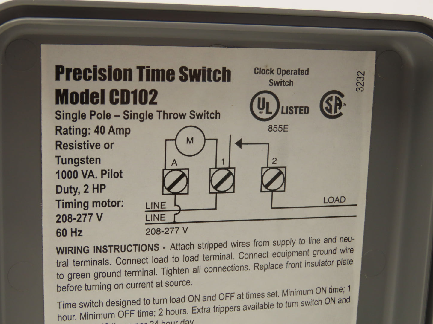 Precision CD 102 24 Hour Time Switch 40A Single Pole Single Throw 208V 60Hz 2Hp