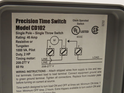 Precision CD 102 24 Hour Time Switch 40A Single Pole Single Throw 208V 60Hz 2Hp