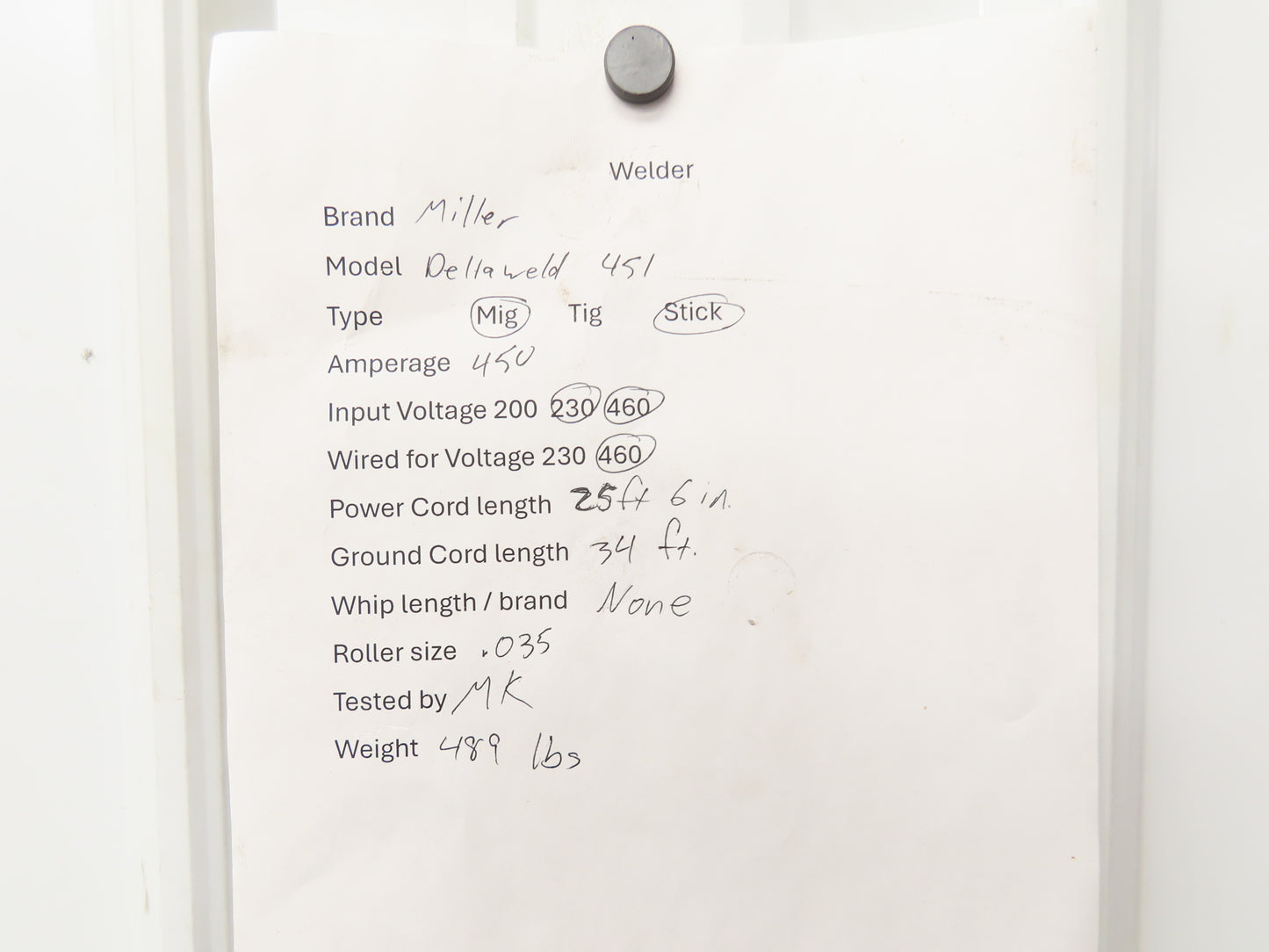Miller Deltaweld 451 Mig Welder 450A DC Arc S-62 Wire Feeder 230/460VAC 3PH