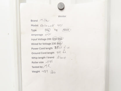 Miller Deltaweld 451 Mig Welder 450A DC Arc S-62 Wire Feeder 230/460VAC 3PH