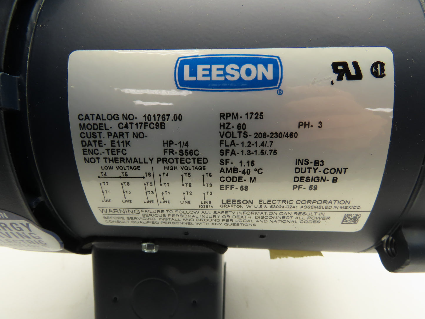 Leeson Electric C4T17FC9B AC Motor 1/4Hp 1725 RPM 230/460V 3PH 56C TEFC